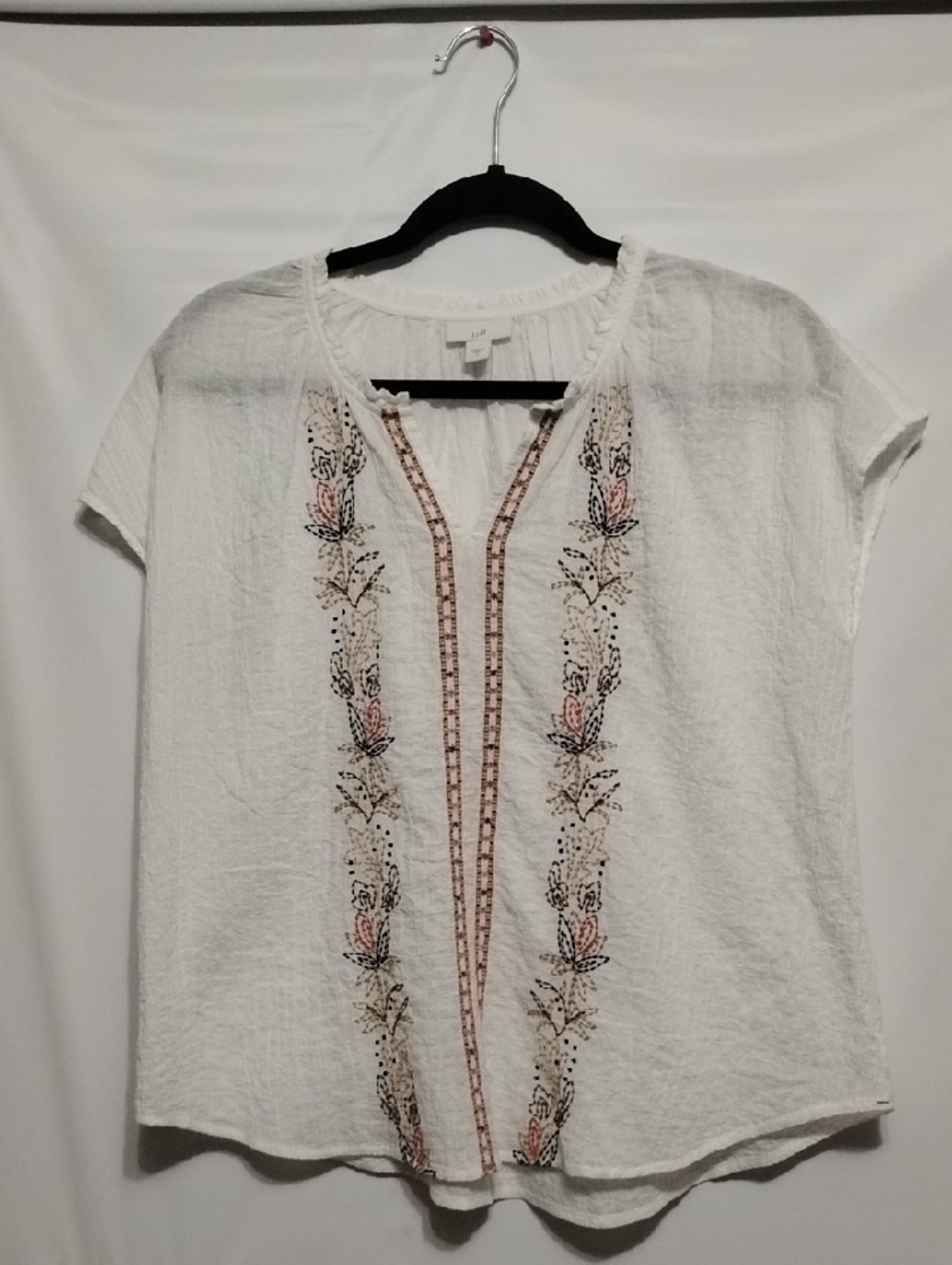 J Jill Embroidered Short Sleeve Gauze Boho Top